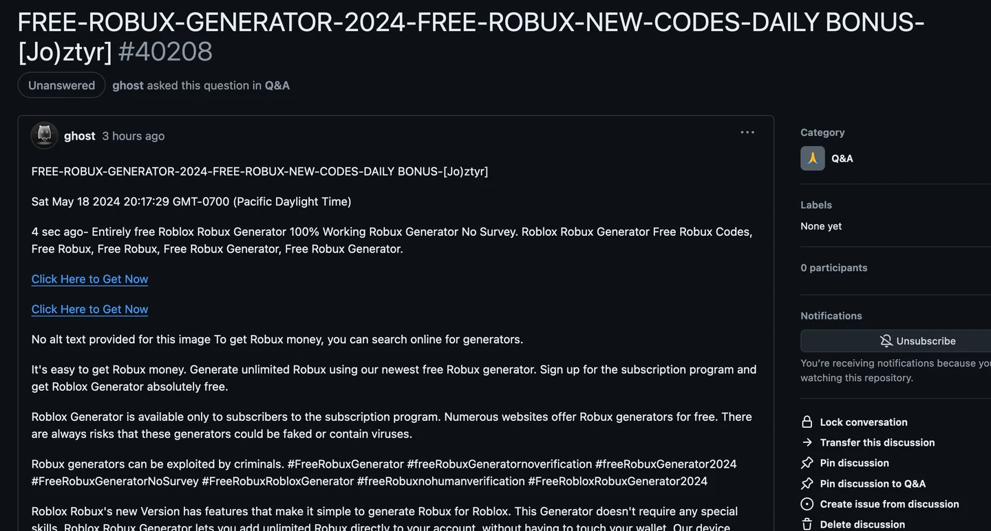 A spam GitHub discussion titled 'FREE-ROBUX-GENERATOR-2024-FREE-ROBUX-NEW-CODES-DAILY BONUS', with links to get them.