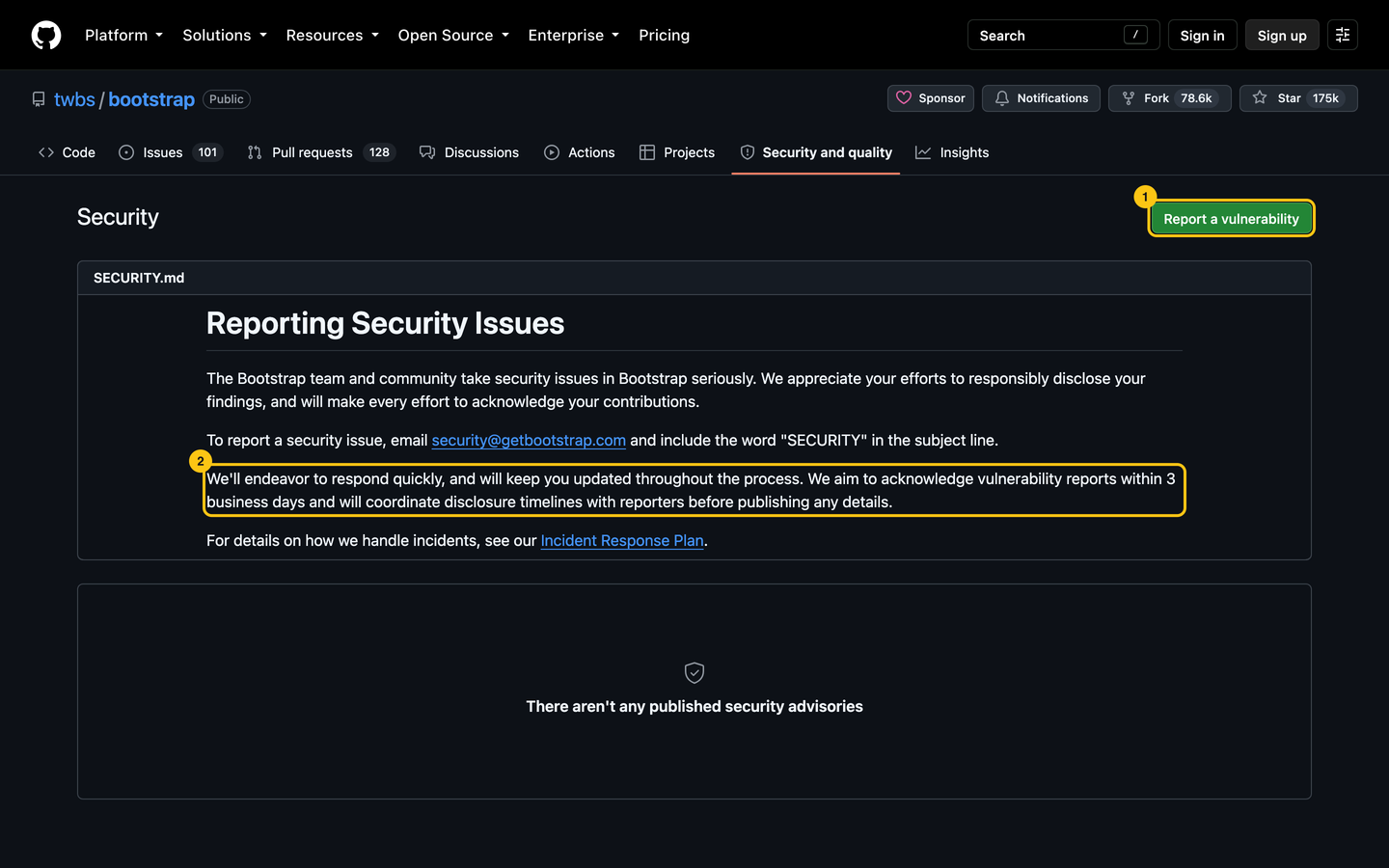Bootstrap's Security tab: a Report a vulnerability button, and a SECURITY.md: reports acknowledged within 3 business days.